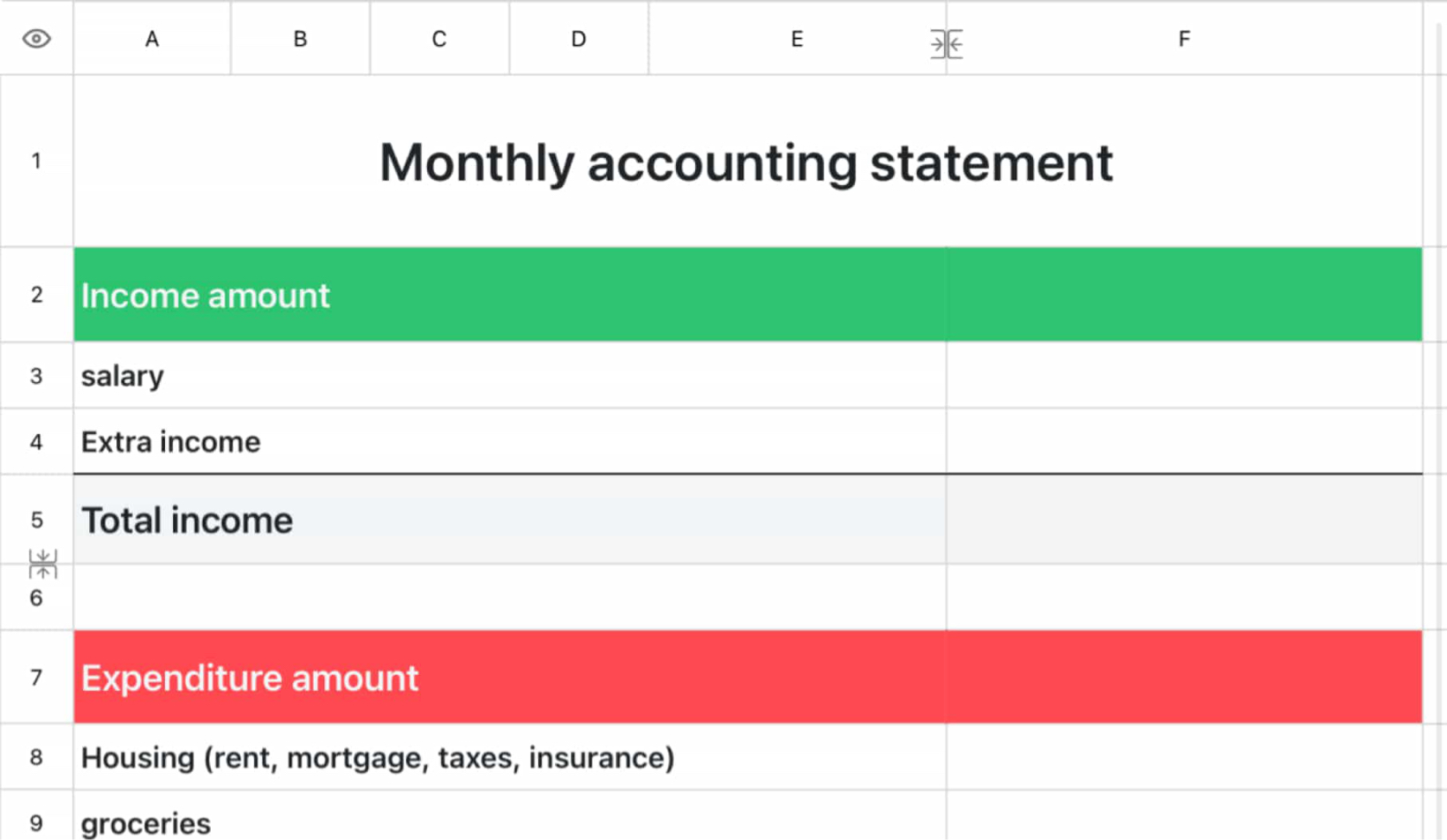 Monthly accounting table